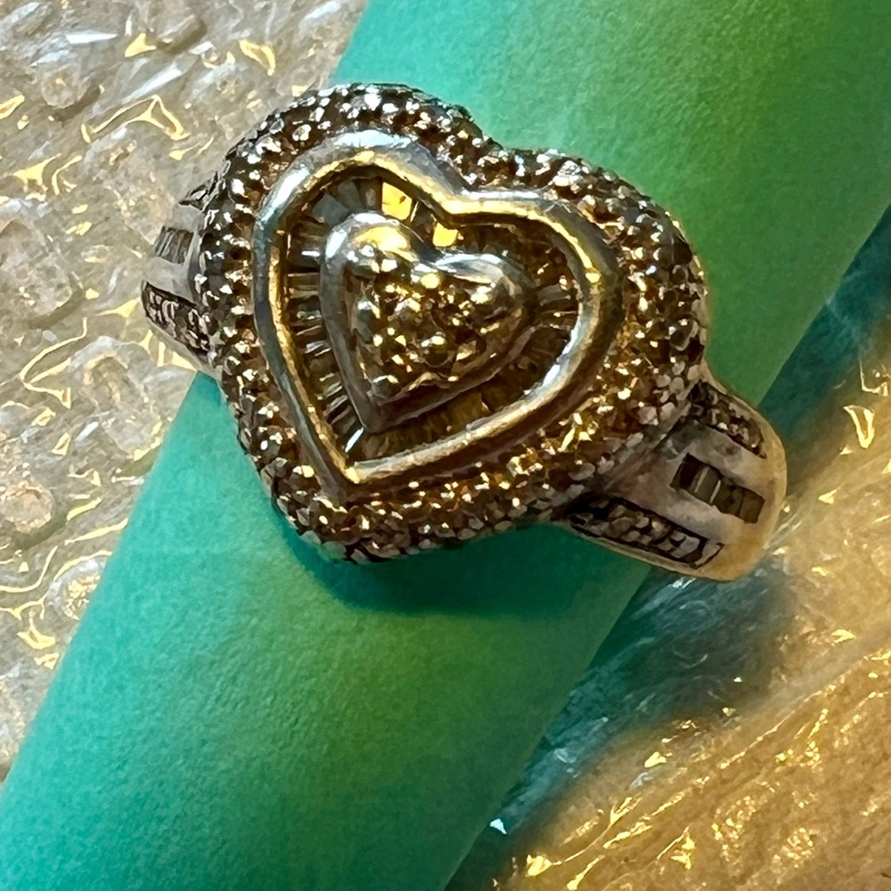 Rare S Silver Heart Diamond Ring by JWBR 925 India/marked. Ring sz 7.5, wt. 5.42
